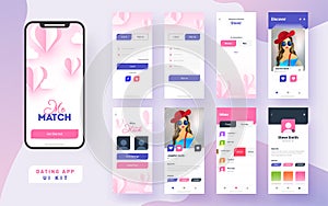 Dating app ui kit for responsive mobile app or website with different gui layout.