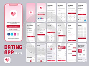 Dating App UI Kit for Responsive Mobile App or Website with Different GUI Layout Including Creative Account or Profile, Details,