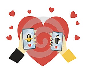 Dating app using vector illustrations set. Meeting website, acquaintance and speed date mobile application. Online correspondence