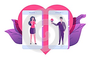 Dating applications, virtual relationships concept. Man and woman on smartphones.