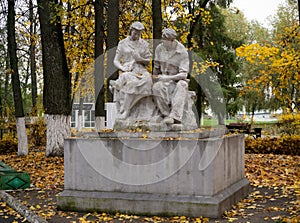 Dating boy and girl pair statue monument in Pinsk city park, Belarus October 20 2021