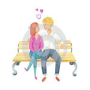 Dating Boy and Girl sitting on bench together. isolated Watercolor Illustration