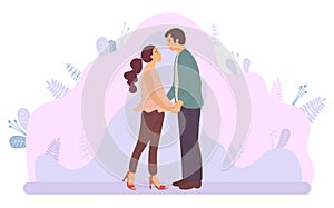 Dating Couple, Hugging Man and Woman, Purple Plant