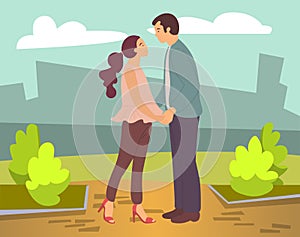 Dating couple outdoor. Young peolpe man and woman holding hands looking into each other s eyes