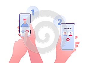 Dating online app and relatioship concept. Vector flat person illustration. Human hand holding smartphone and touch heart shape