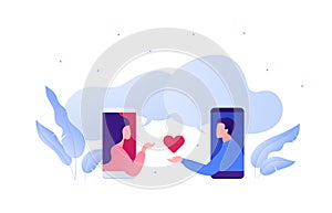 Dating online app and relatioship concept. Vector flat person illustration. Man holding and give heart shape as match symbol to