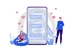 Dating online app and relatioship concept. Vector flat person illustration. Man with smartphone and woman sitting with cat chat on
