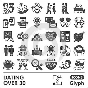 Dating over 30 line icon set, love and relationship symbols collection or sketches. Couple on date glyph linear style