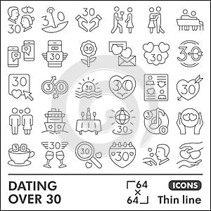 Dating over 30 line icon set, love and relationship symbols collection or sketches. Couple on date thin line linear