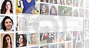 Dating. The text is displayed in the search box on the background of a collage of many square female portraits. The concept of se