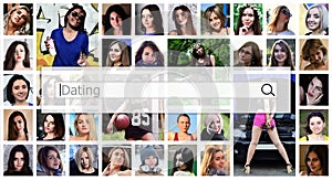 Dating. The text is displayed in the search box on the background of a collage of many square female portraits. The concept of se