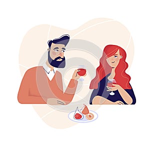 Dating. Valentines day celebration. Sweet happy young couple having romantic dinner with glasses of red wine on date.Drink wine.Ch