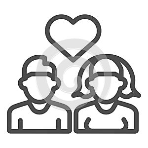 Dating young people line icon. Hetero couple in love, boy and girl with heart symbol, outline style pictogram on white
