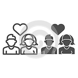 Dating young people line and solid icon. Hetero couple in love, boy and girl with heart symbol, outline style pictogram