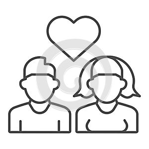 Dating young people thin line icon. Hetero couple in love, boy and girl with heart symbol, outline style pictogram on