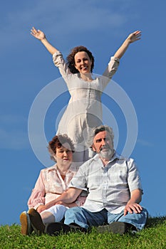 Daughter with apart hands, parents sitting on lawn