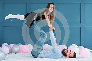 Daughter daddy family leisure fun acrobatic tricks