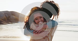 Daughter, face and mother to hug on beach, smile and nature to relax for calm holiday. Happy family, woman and child