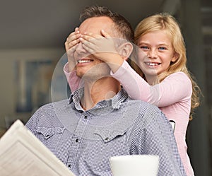 Daughter, father and cover eyes in portrait, home and trust in playing game on weekend. Girl, daddy and having fun while
