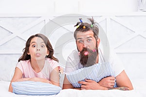 Daughter with father making faces. happy family of teen girl and dad. funny dad having cool hairdo made by child