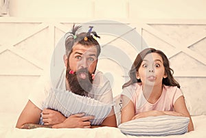 daughter with father making faces. happy family of teen girl and dad. funny dad having cool hairdo made by child