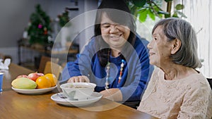 Daughter feeding elderly mother with soup