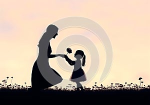 Daughter giving flower to mother. Concept of mother day