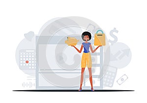 The daughter holds a piggy economy bank and a denounce basket in his hand . digital betray concept. Trendy style, Vector photo