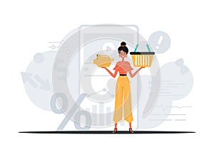 The daughter holds a piggy savings bank and a denounce basket in his hand . digital betray concept. Trendy style, Vector photo