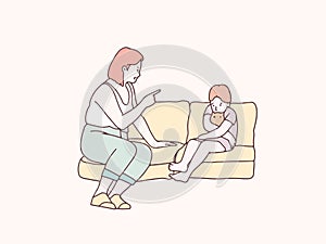 Daughter hugging doll being scolded by mother in living room korean style illustration