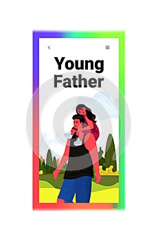 daughter sitting on father's shoulders happy family walking outdoor parenting fatherhood concept