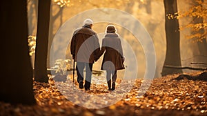 Daughter walking with her senior dad and his walking aids in autumn forest