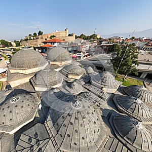 Daut Pasha Hammam wide angle aerial shot, an important landmark of Skopje, North Macedonia photo