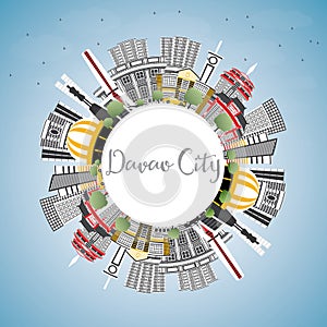 Davao City Philippines Skyline with Gray Buildings, Blue Sky and