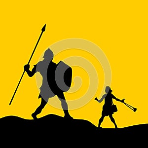 David and Goliath. Silhouette, hand drawn.