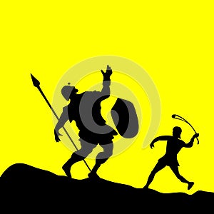 David and Goliath. Silhouette, hand drawn.