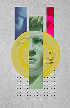 Collage with antique sculptures as human face in pop art style. Modern creative concept image with ancient statue head