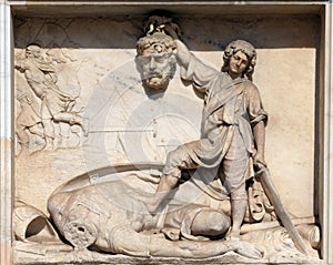 David with the Head of Goliath, marble relief on the facade of the Milan Cathedral