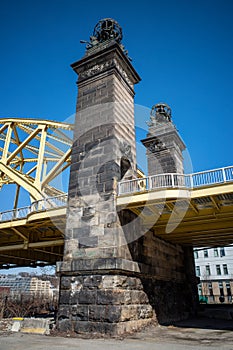David McCullough Bridge, or Sixteenth Street Bridge, Strip District, Pittsburgh, from beneath with clear blue sky photo