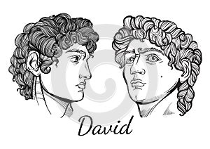 David. The mythological hero of ancient Greece. Hand-drawn beautiful vector artwork isolated. Myths and legends. Tattoo art.