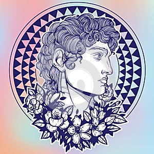 David. The mythological hero of ancient Greece. Hand-drawn beautiful vector artwork isolated. Myths and legends. Tattoo art.