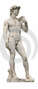 David statue by ancient sculptor Michelangelo isolated on white. Florence, Italy.