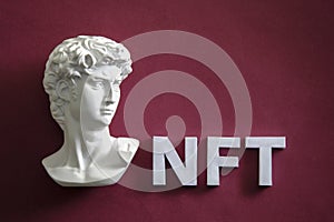 David Statue and NFT concept of digital art and cryptocurrency online
