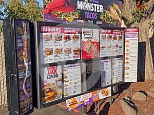 Davis, Ca,USA Screen showing menu at the entrance of a local Jack in the Box restaurant