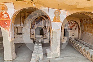 DAVIT GAREJA, GEORGIA - JULY 16, 2017: Cave refectory of Udabno cave monastery at Davit Gareja monastic complex in Georg