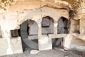 DAVIT GAREJA, GEORGIA - JULY 16, 2017: One of the caves of Udabno cave monastery at Davit Gareja monastic complex in Georg