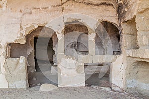 DAVIT GAREJA, GEORGIA - JULY 16, 2017: One of the caves of Udabno cave monastery at Davit Gareja monastic complex in Georg