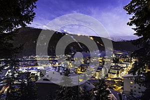Davos city blue hour night scene Mount Jacobshorn. Switzerland