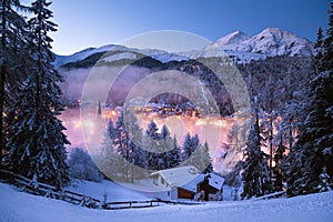 Davos city blue hour night scene.Switzerland