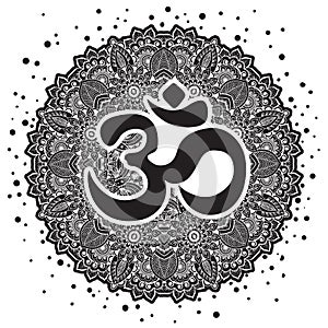 Dawali spiritual sign Om with high-detailed round Mandala. Black and white beautiful vector art. Print, tattoo element, yoga.